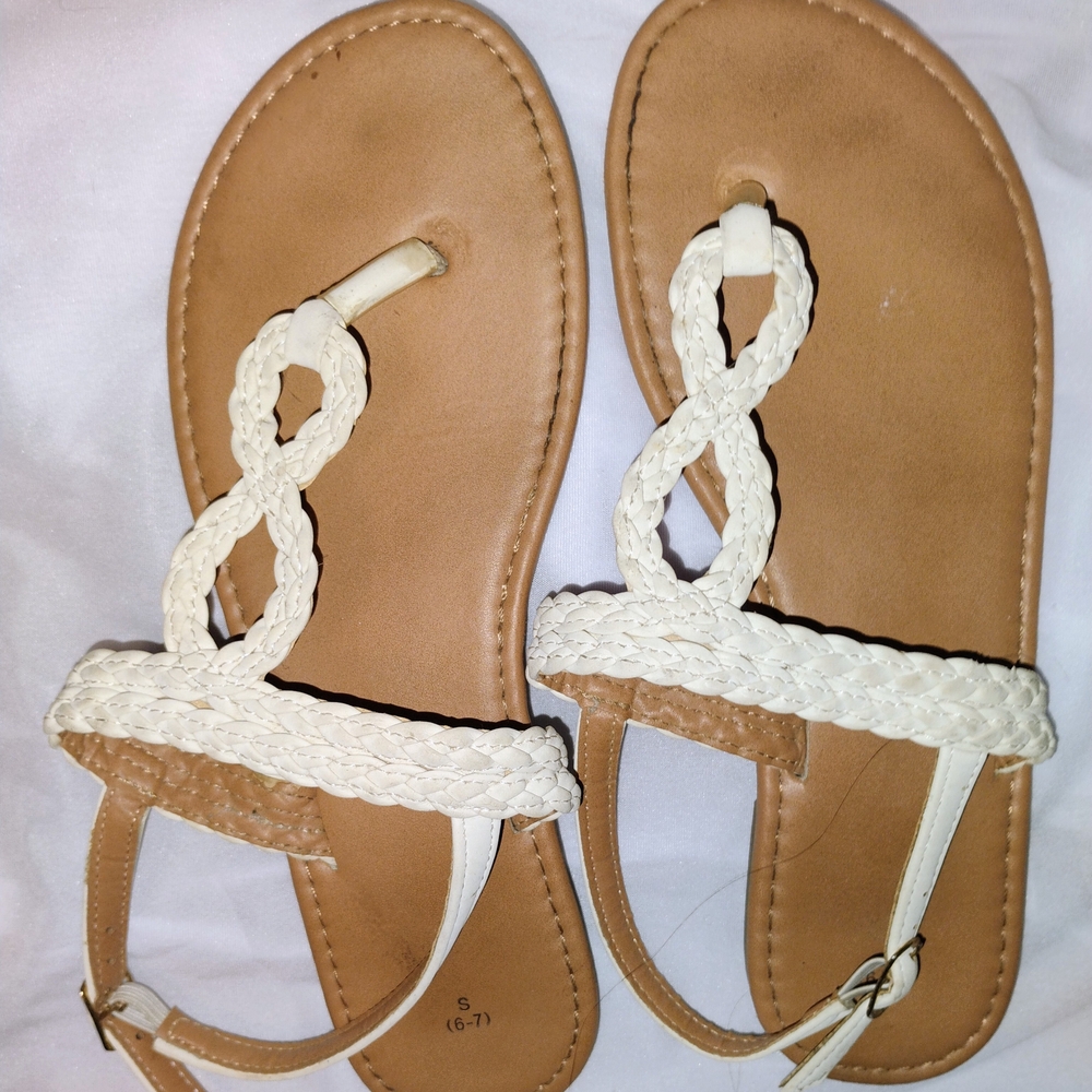 Braided White and Tan Thong Sandals